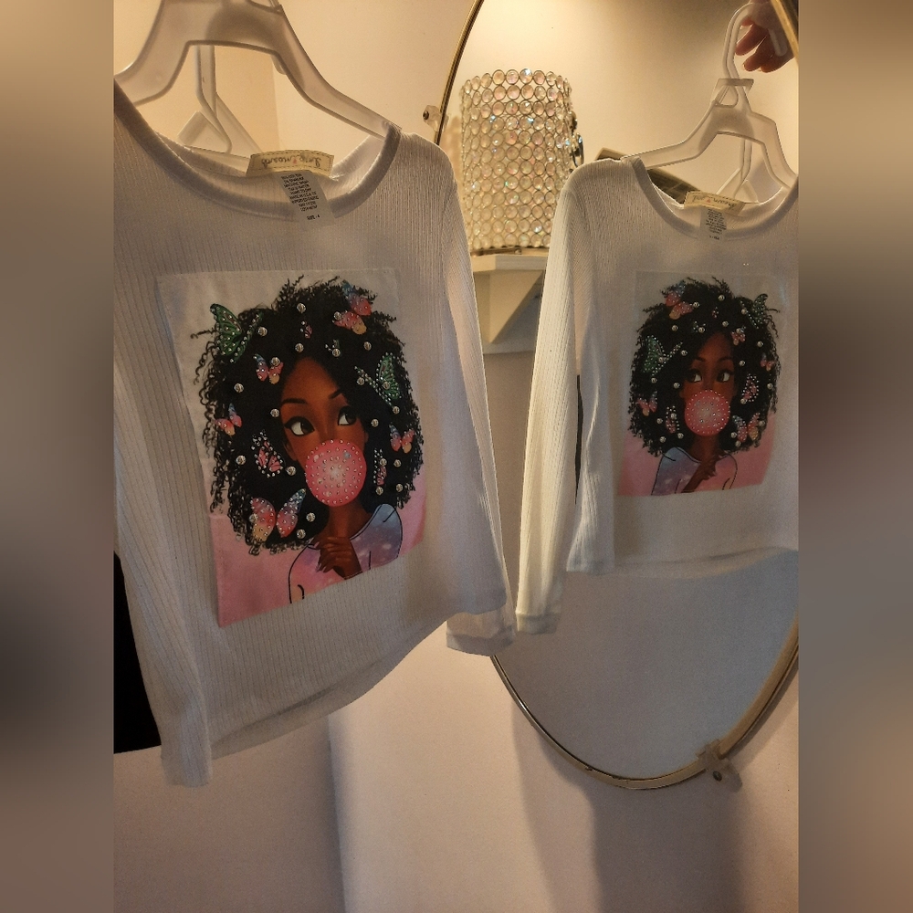 White Kids Shirt with Graphic Design With Black Leather Skirt